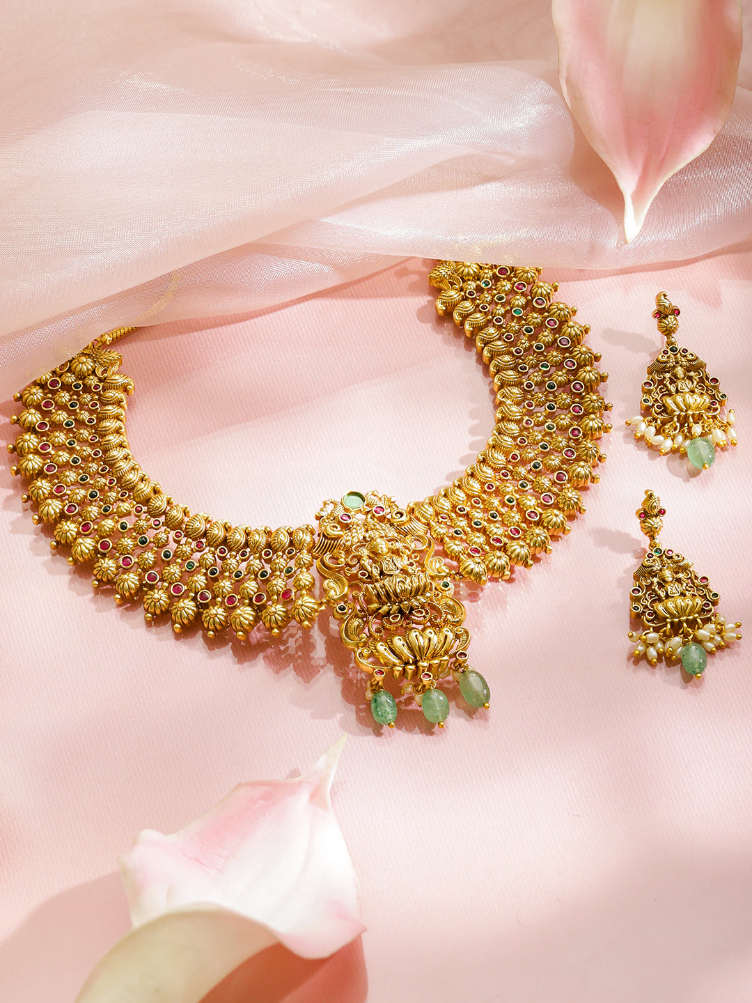 Lakshmi Blessings Green-Pink Necklace Set フリーサイズ