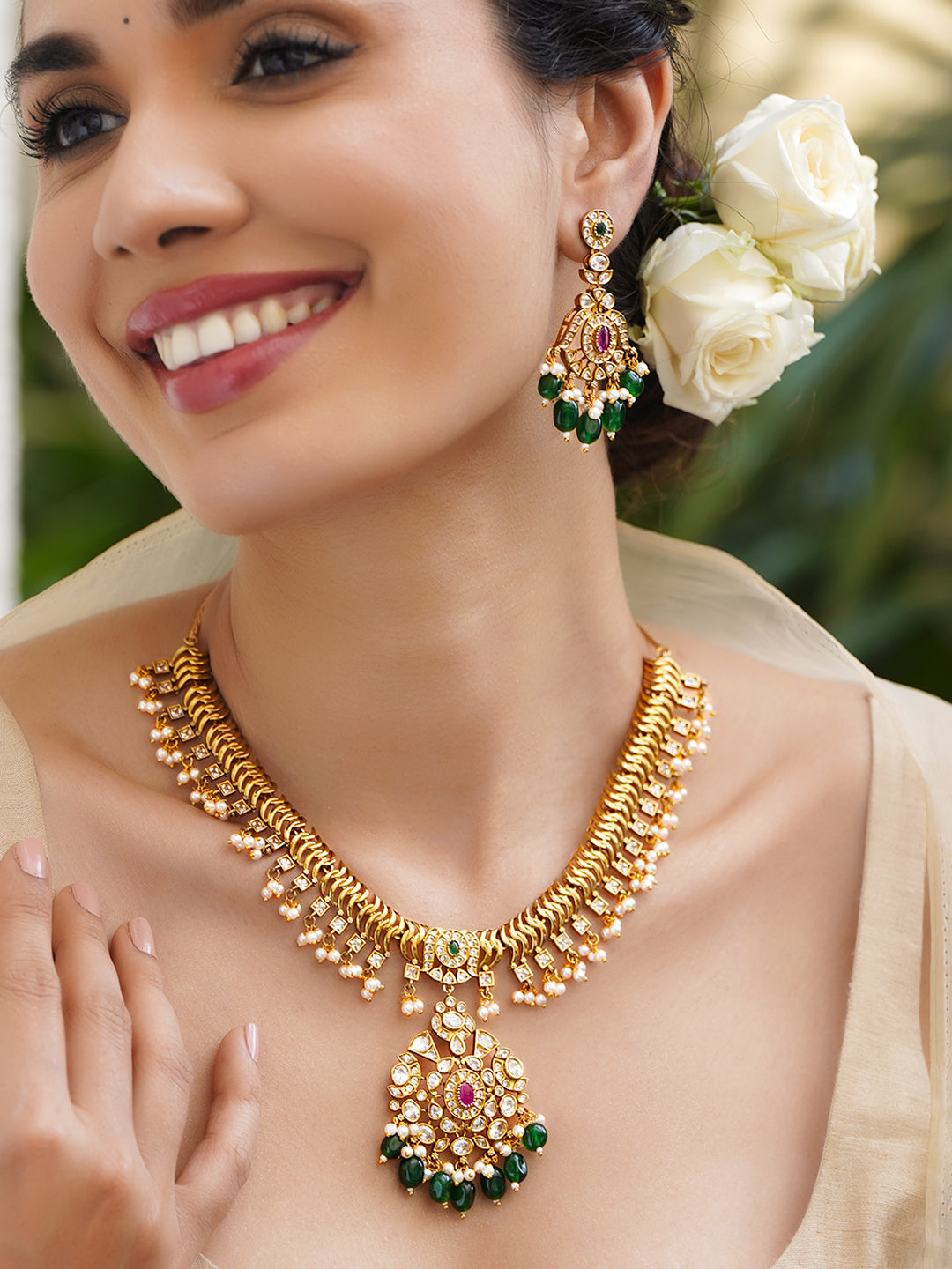 Artisanal Pearls Green Necklace Set フリーサイズ