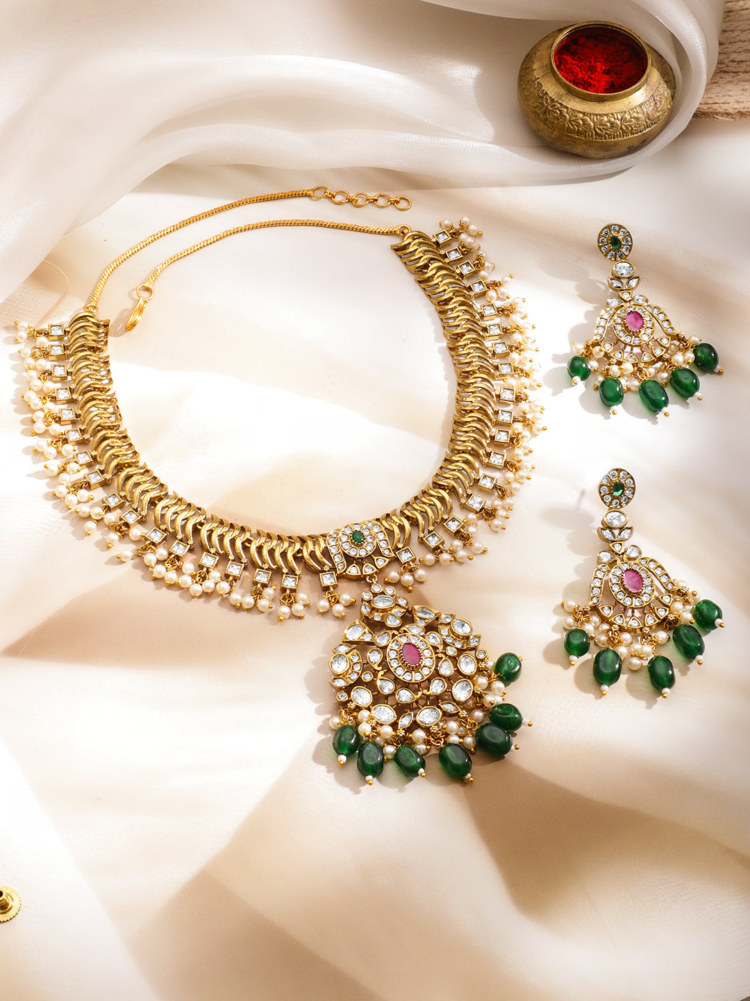 Artisanal Pearls Green Necklace Set フリーサイズ