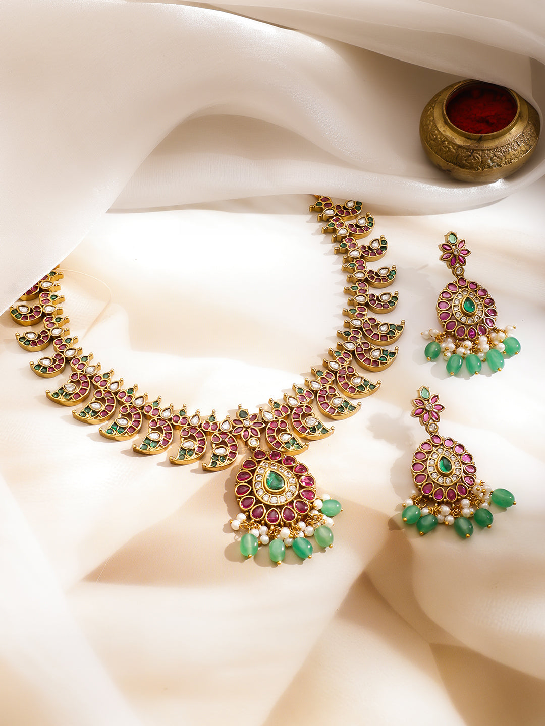 Pink & Green Shimmer Golden Necklace Set フリーサイズ