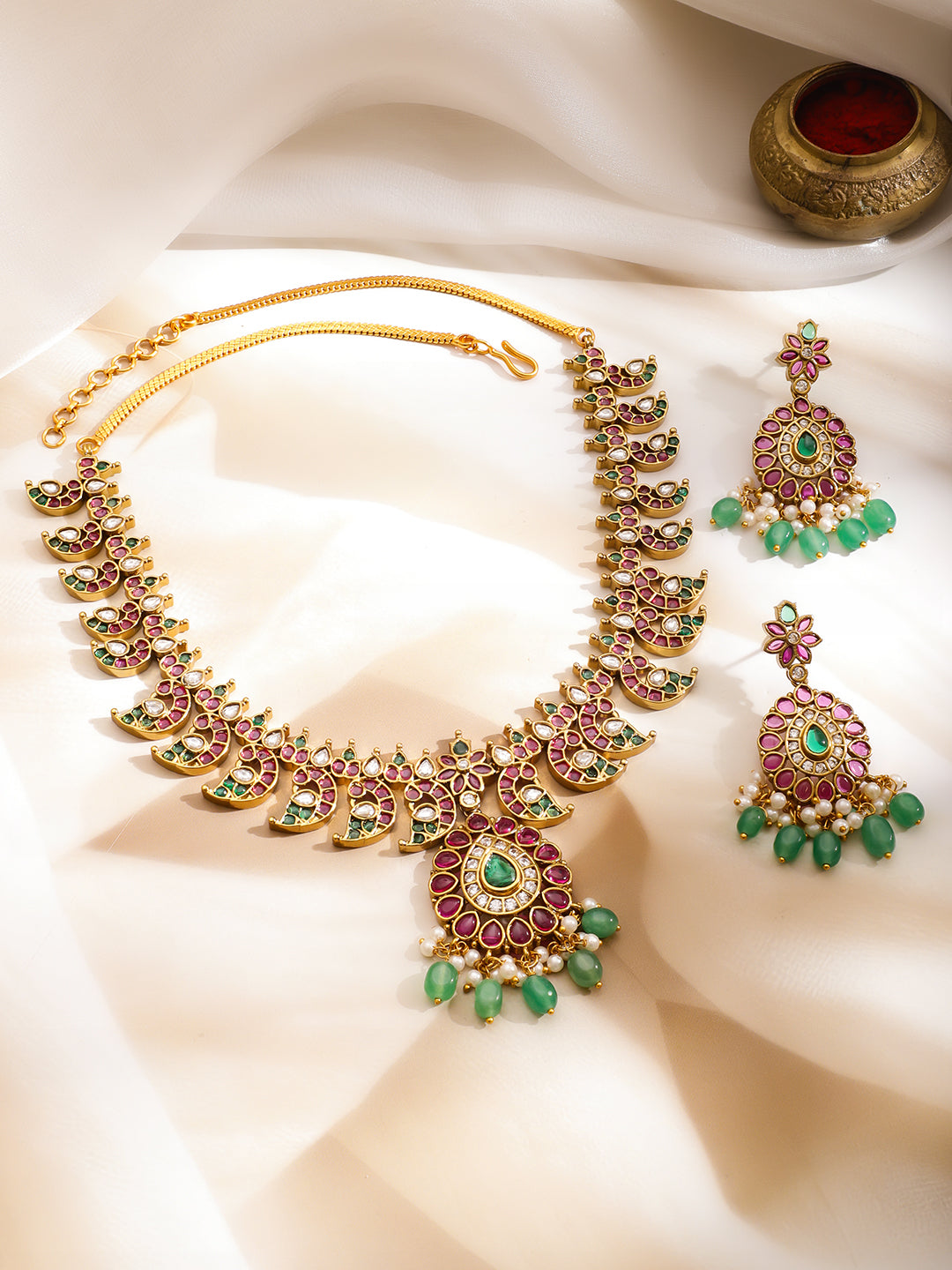 Pink & Green Shimmer Golden Necklace Set フリーサイズ