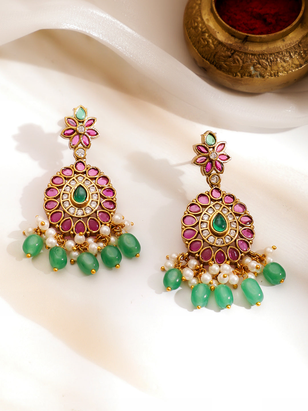 Pink & Green Shimmer Golden Necklace Set フリーサイズ