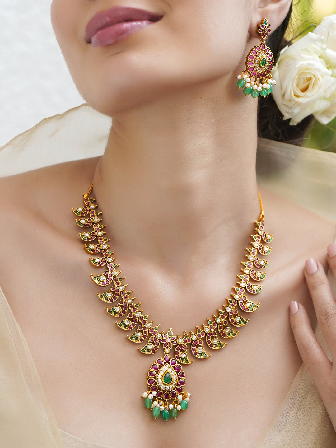Pink & Green Shimmer Golden Necklace Set フリーサイズ