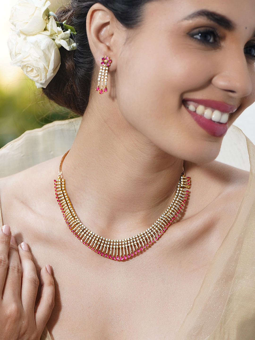 Graceful Gold Pink Zirconia Jewellery Set フリーサイズ
