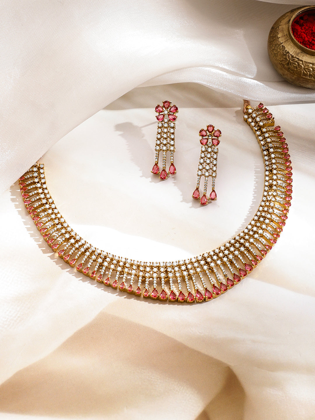 Graceful Gold Pink Zirconia Jewellery Set フリーサイズ