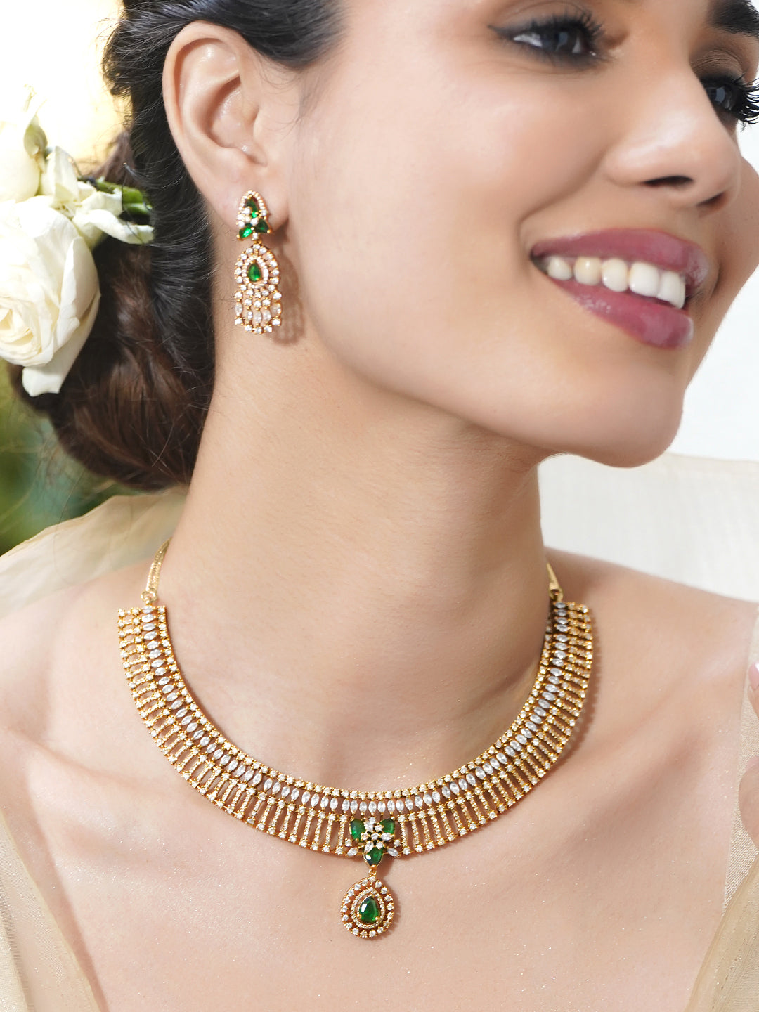 American Diamond Zirconia White & Green Necklace Set フリーサイズ