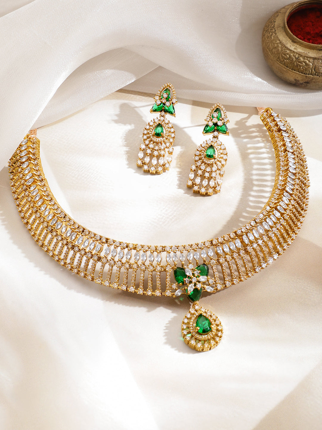 American Diamond Zirconia White & Green Necklace Set フリーサイズ