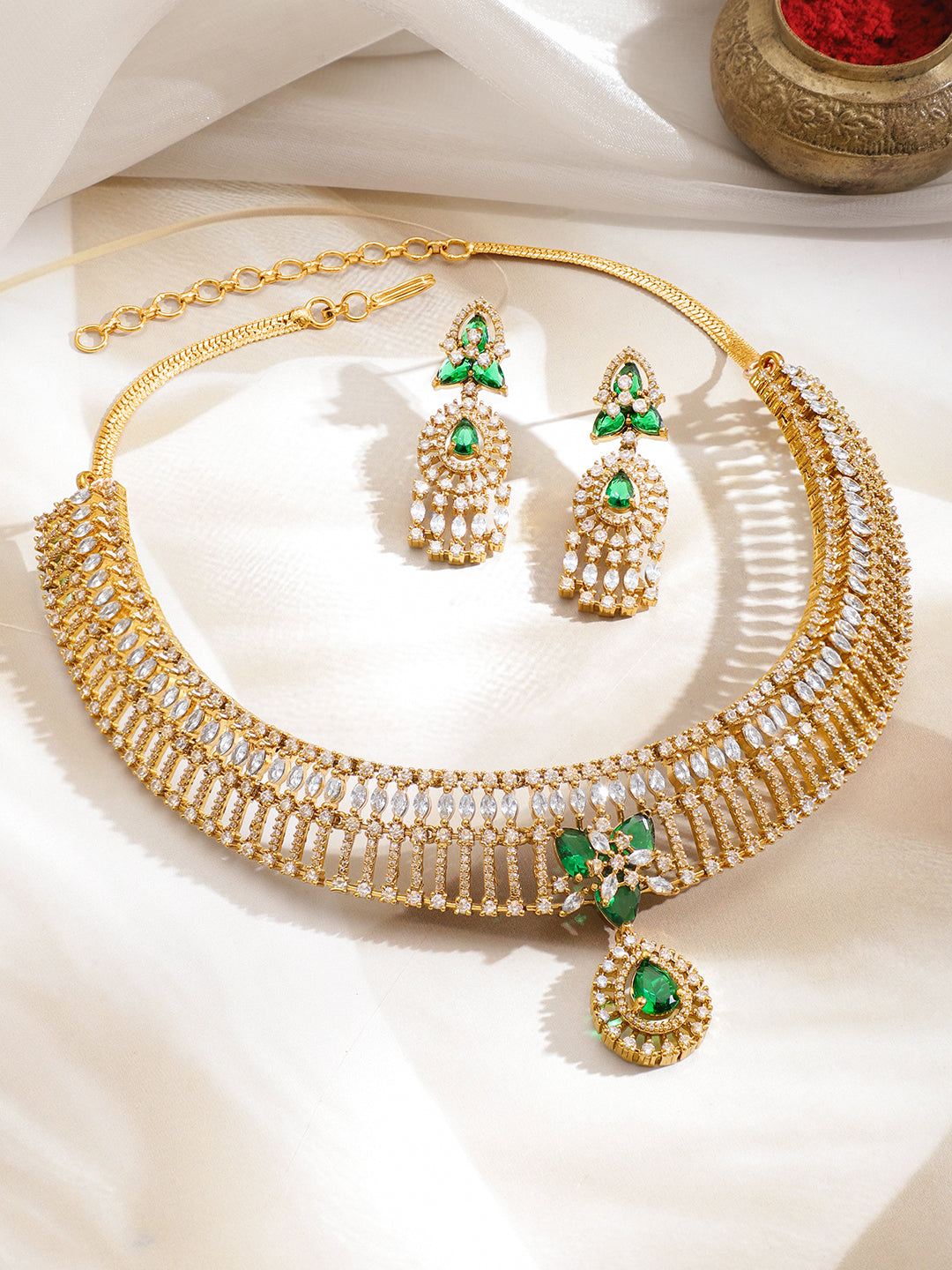 American Diamond Zirconia White & Green Necklace Set フリーサイズ