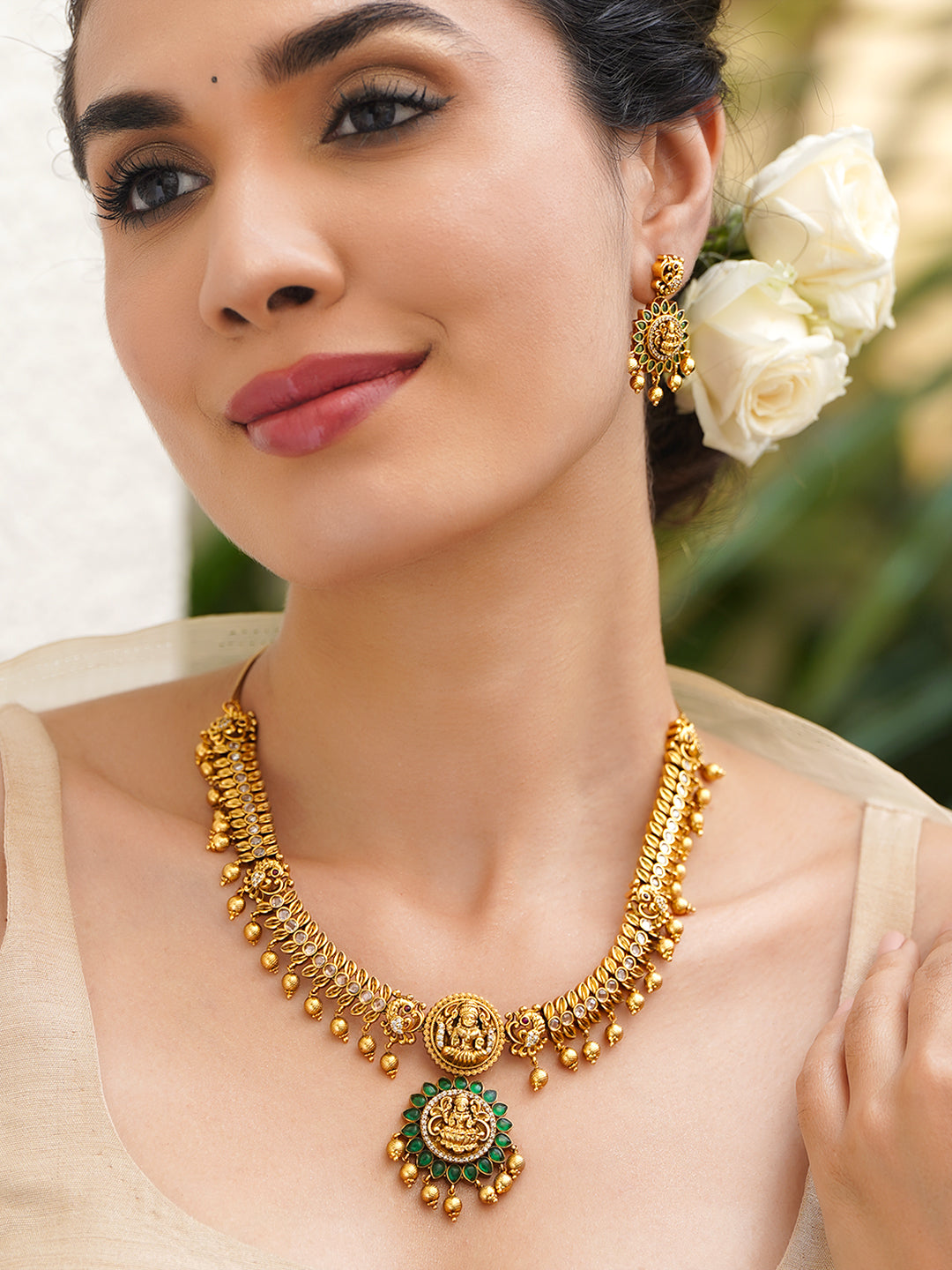 Golden Green Temple Lakshmi Necklace Set フリーサイズ