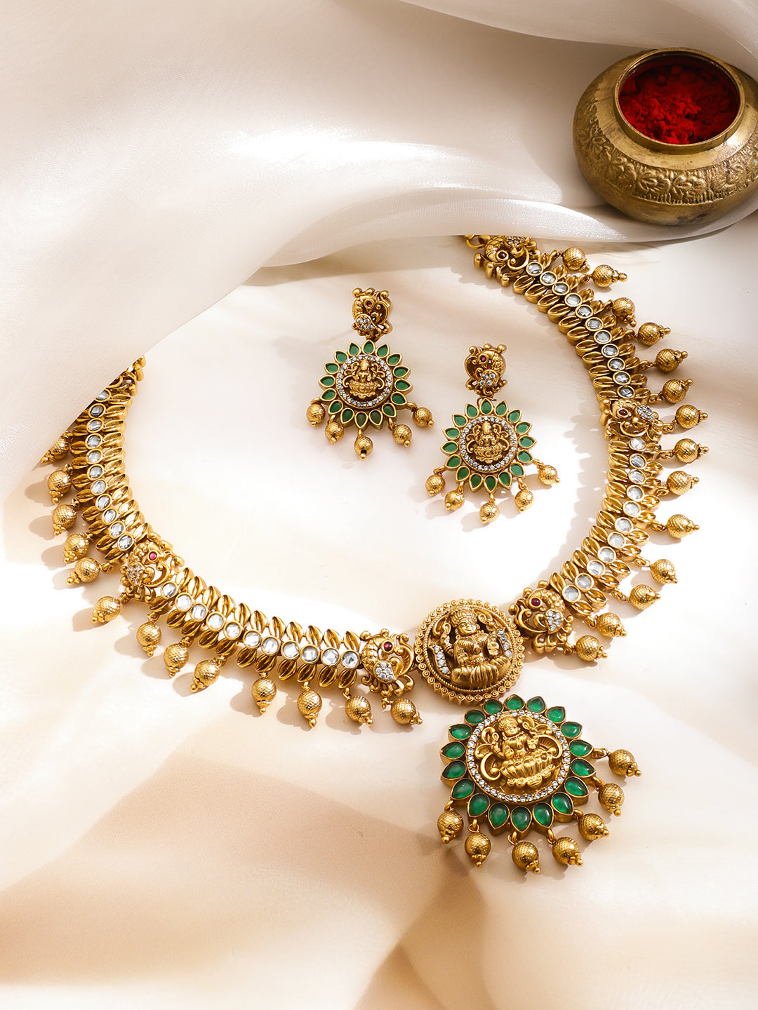 Golden Green Temple Lakshmi Necklace Set フリーサイズ