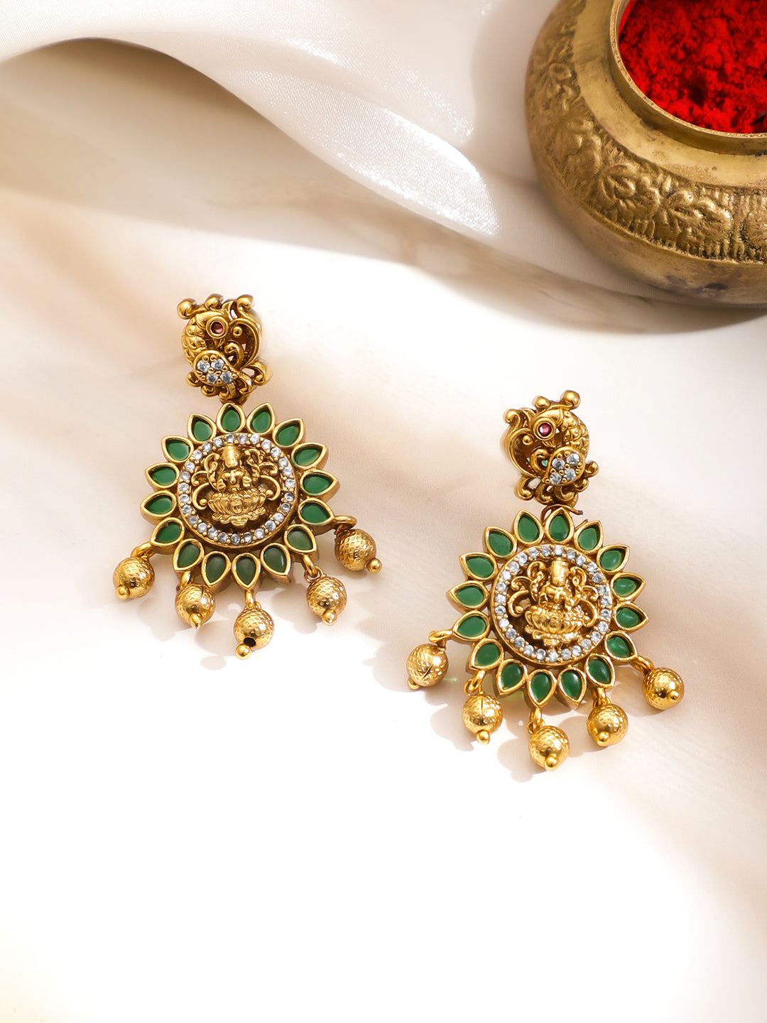 Golden Green Temple Lakshmi Necklace Set フリーサイズ
