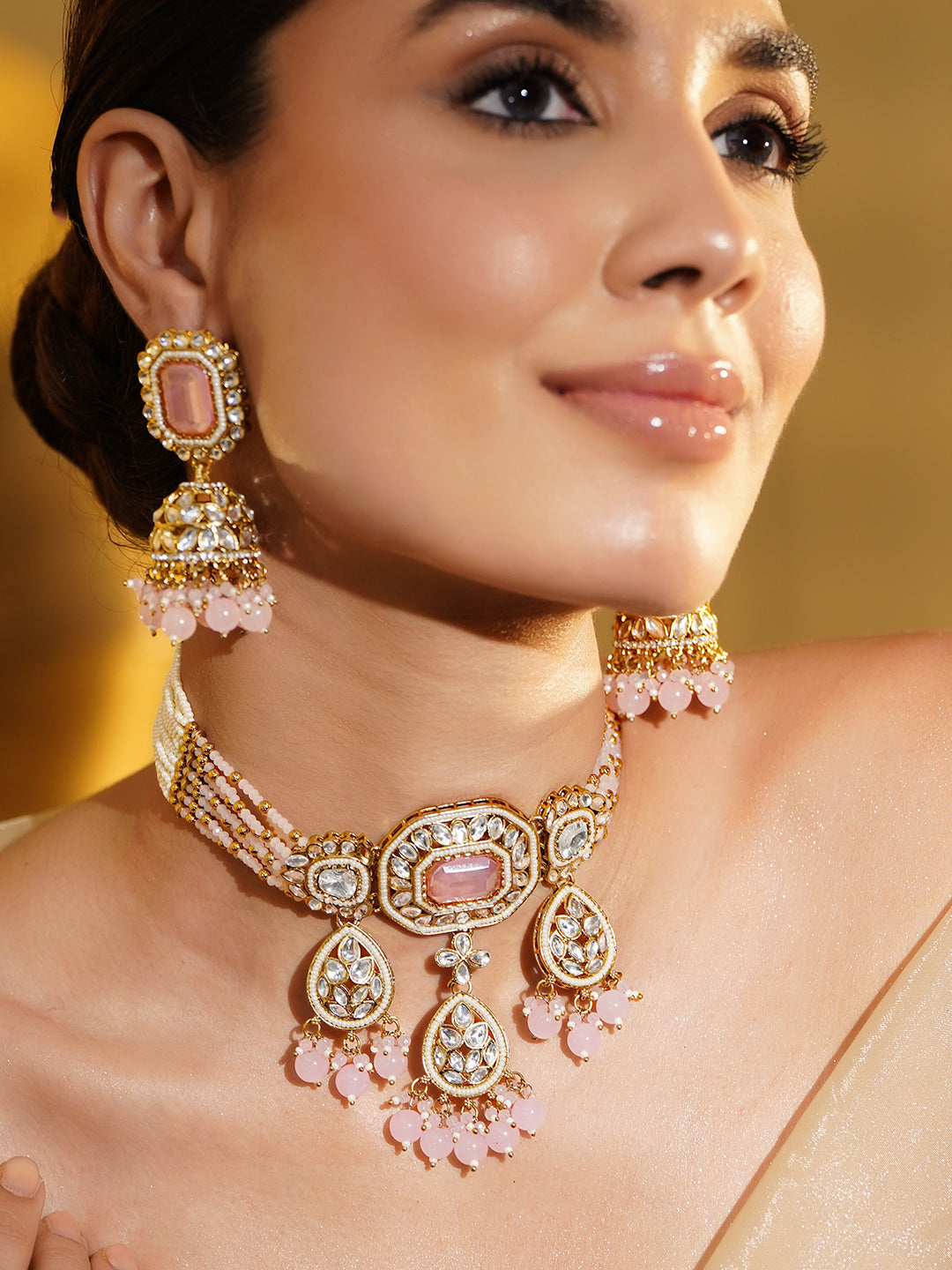 Pink & White Studded Kundan Choker Set フリーサイズ