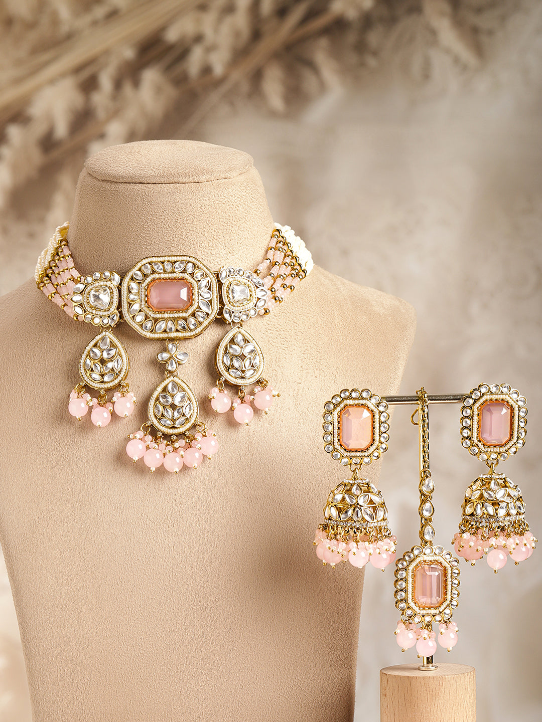 Pink & White Studded Kundan Choker Set フリーサイズ