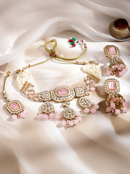 Pink & White Studded Kundan Choker Set フリーサイズ