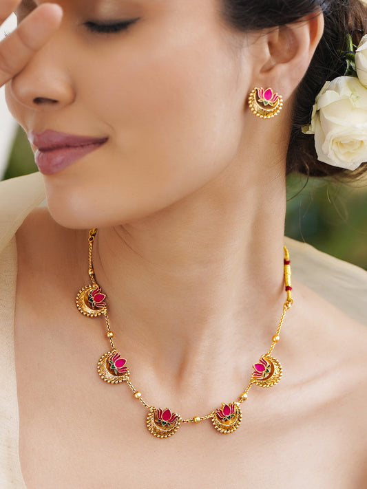 Pink Lotus Motif Gold Toned Necklace フリーサイズ