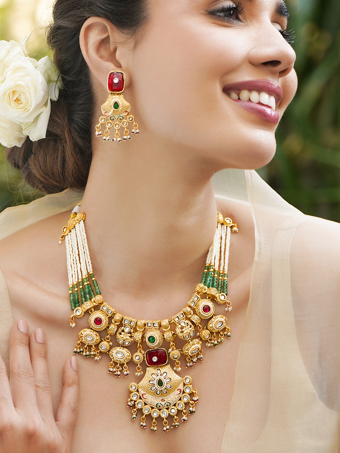 Green-Pink Majesty Kundan Necklace Set フリーサイズ