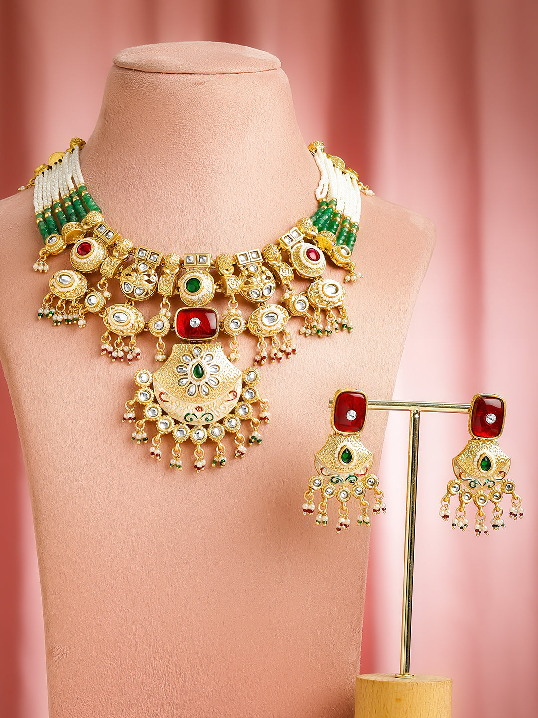 Green-Pink Majesty Kundan Necklace Set フリーサイズ