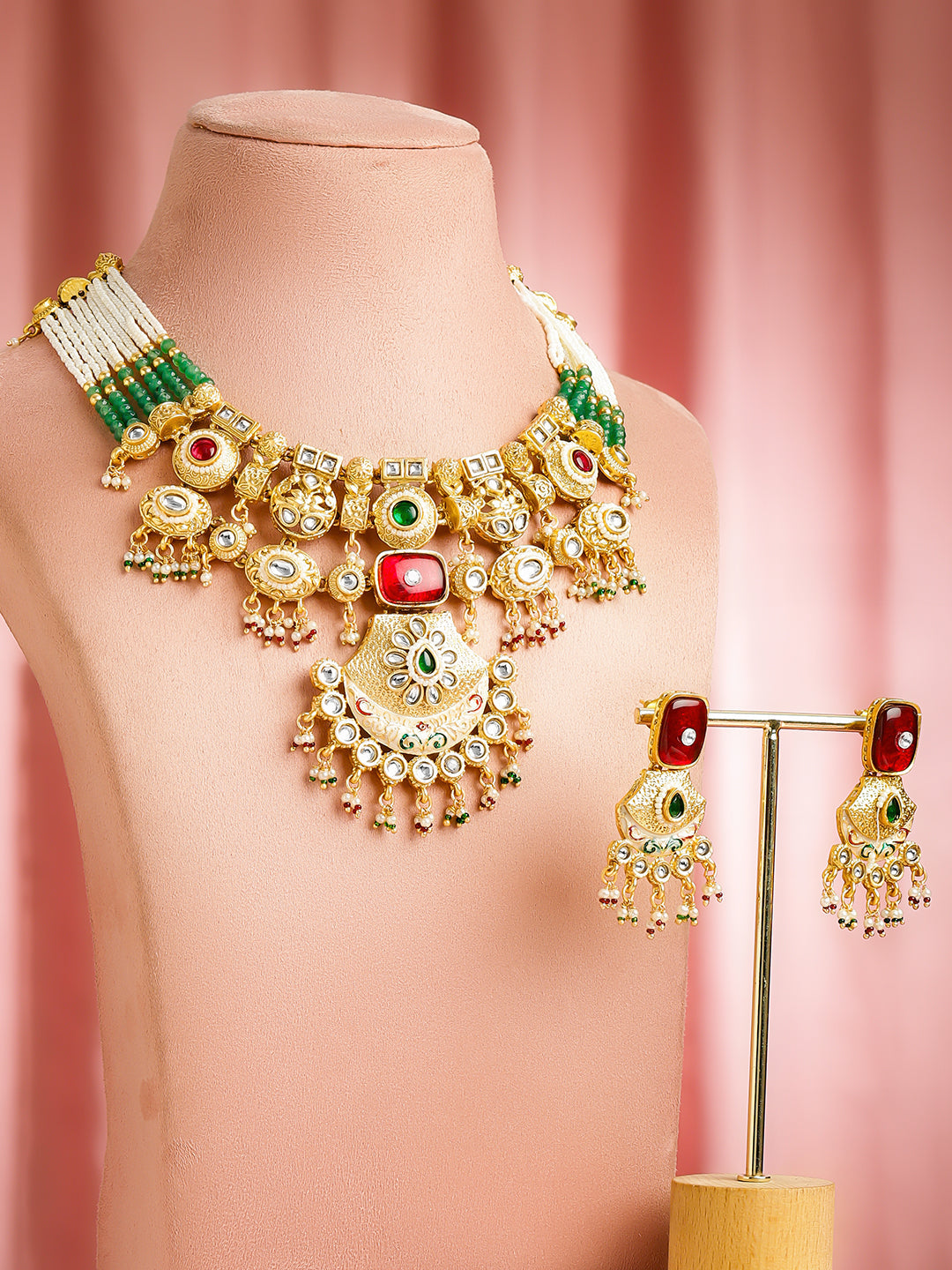 Green-Pink Majesty Kundan Necklace Set フリーサイズ