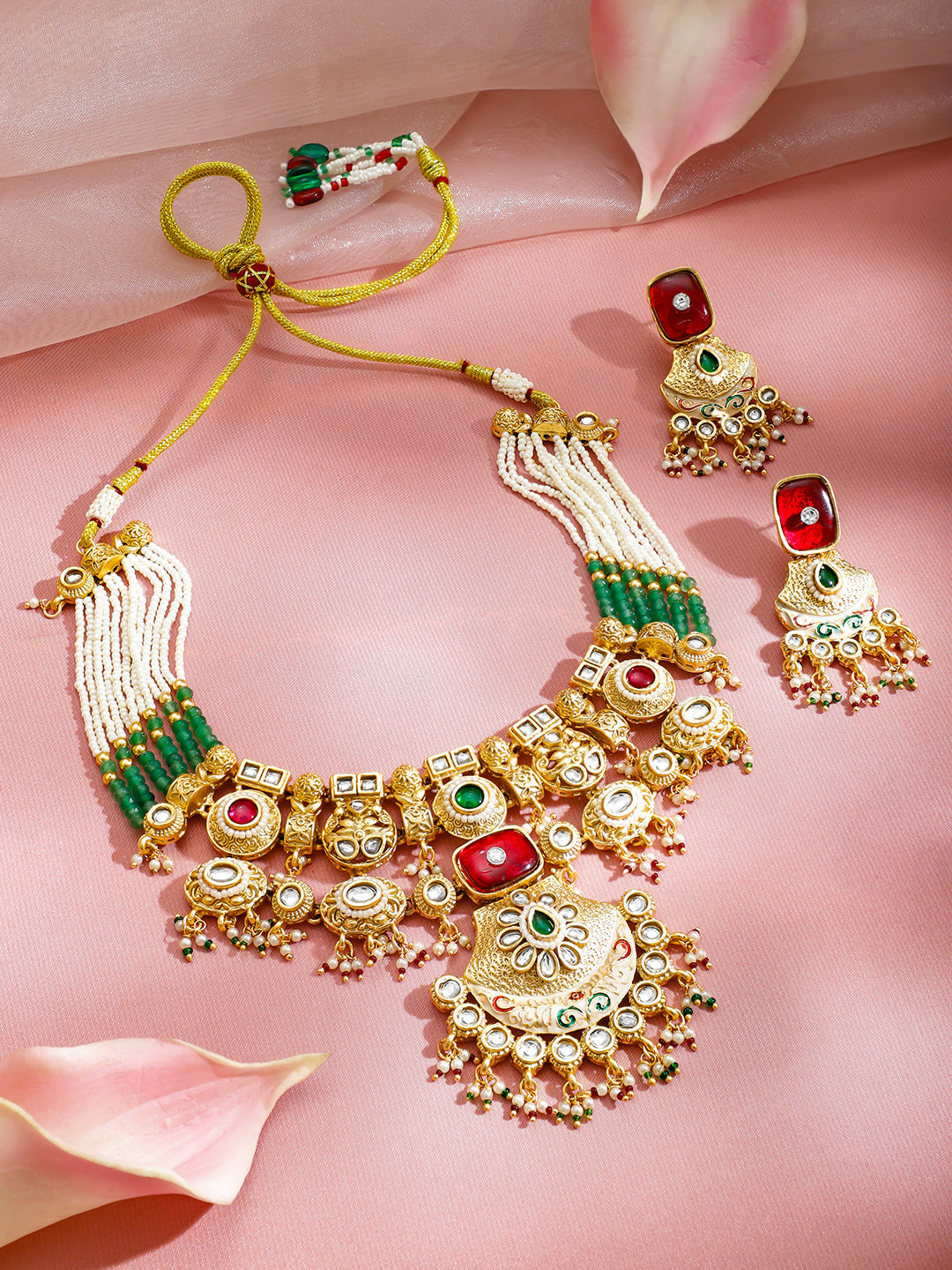 Green-Pink Majesty Kundan Necklace Set フリーサイズ
