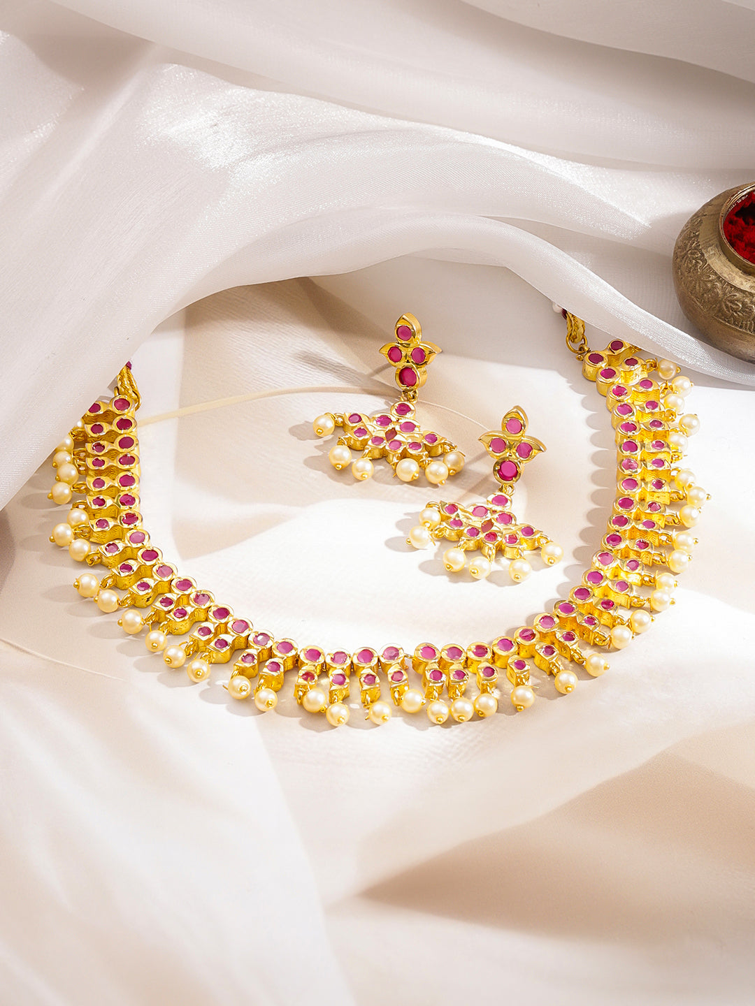 Pink Studded Pearl Drop Necklace Set フリーサイズ