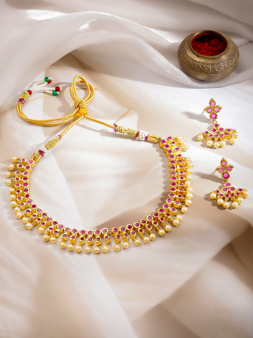Pink Studded Pearl Drop Necklace Set フリーサイズ