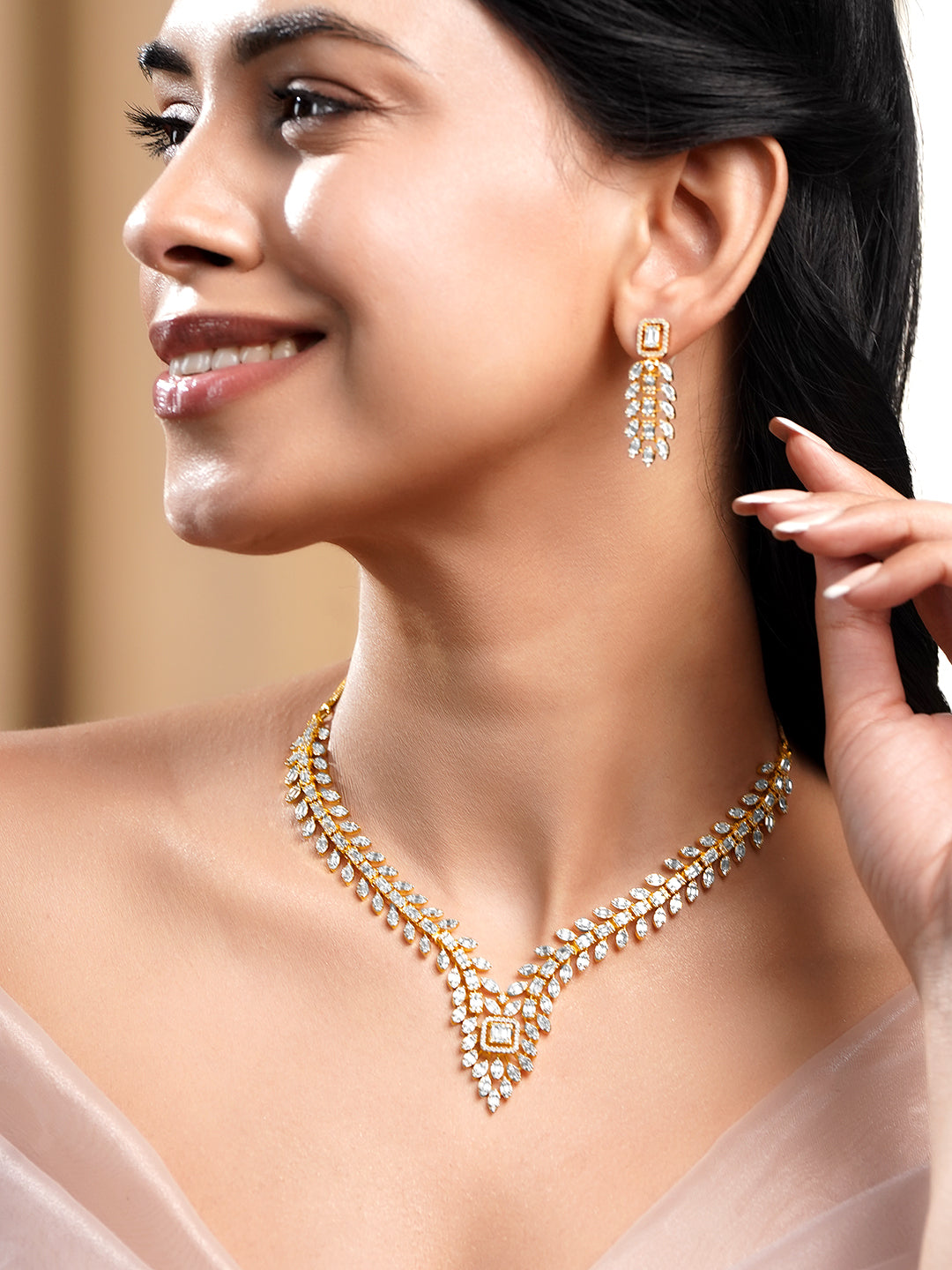 Gold Marquise Cluster Statement Necklace Set フリーサイズ