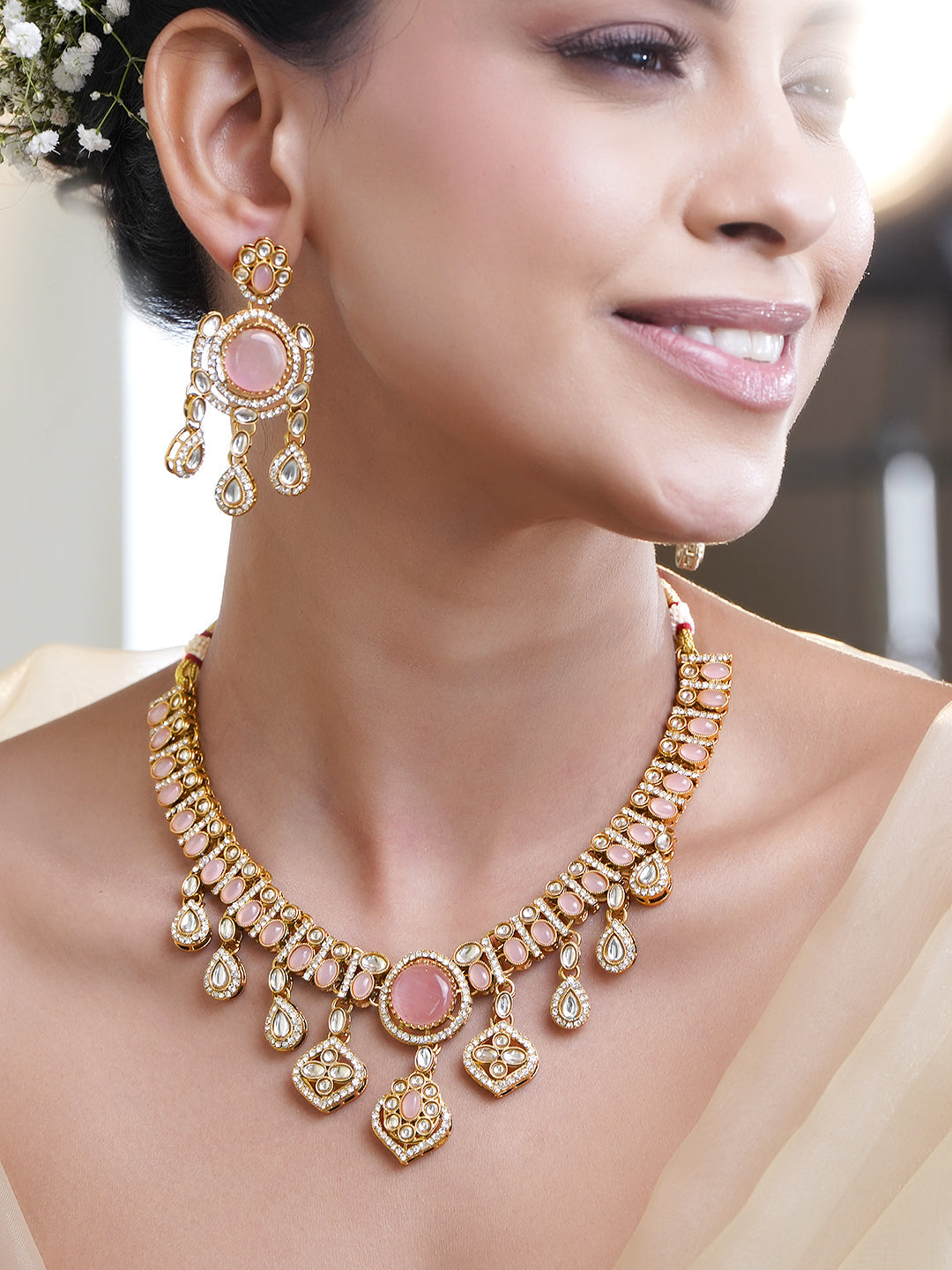 Pink Studded Necklace Set With Maangtikka フリーサイズ