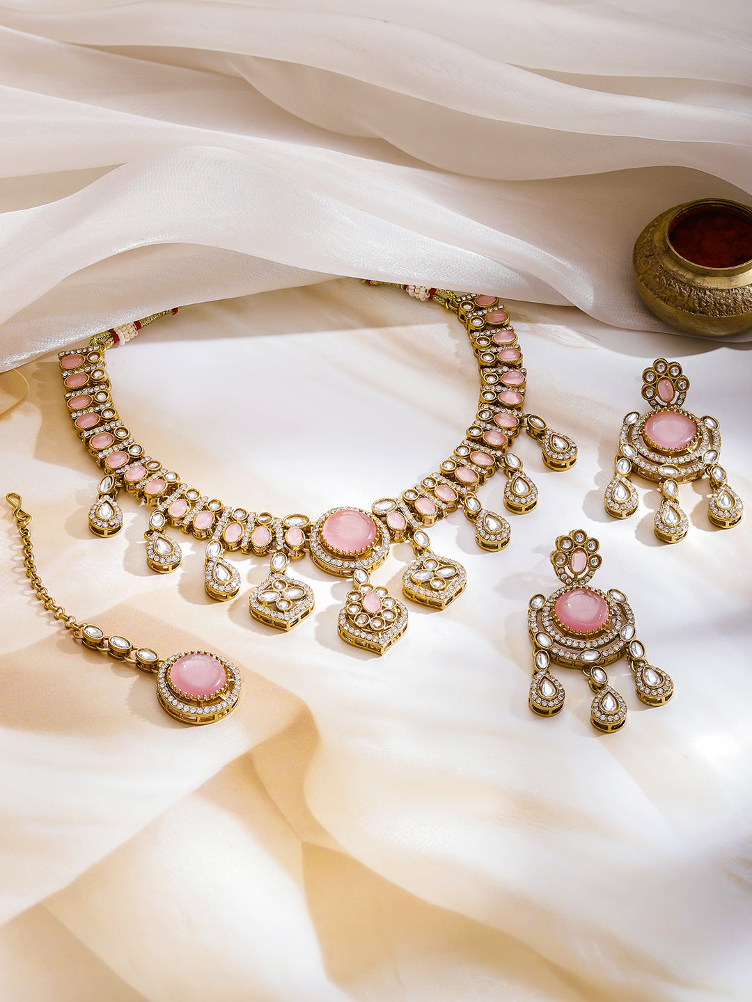 Pink Studded Necklace Set With Maangtikka フリーサイズ