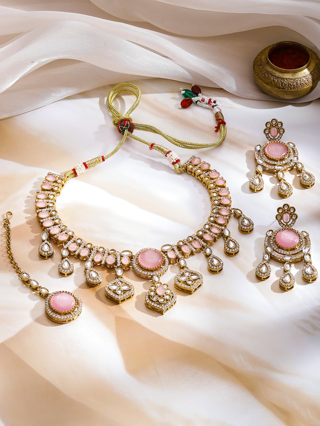 Pink Studded Necklace Set With Maangtikka フリーサイズ
