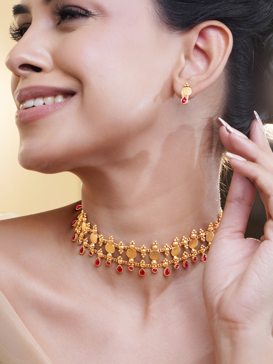 Laxmi Motif Gold Toned Ruby Necklace Set フリーサイズ