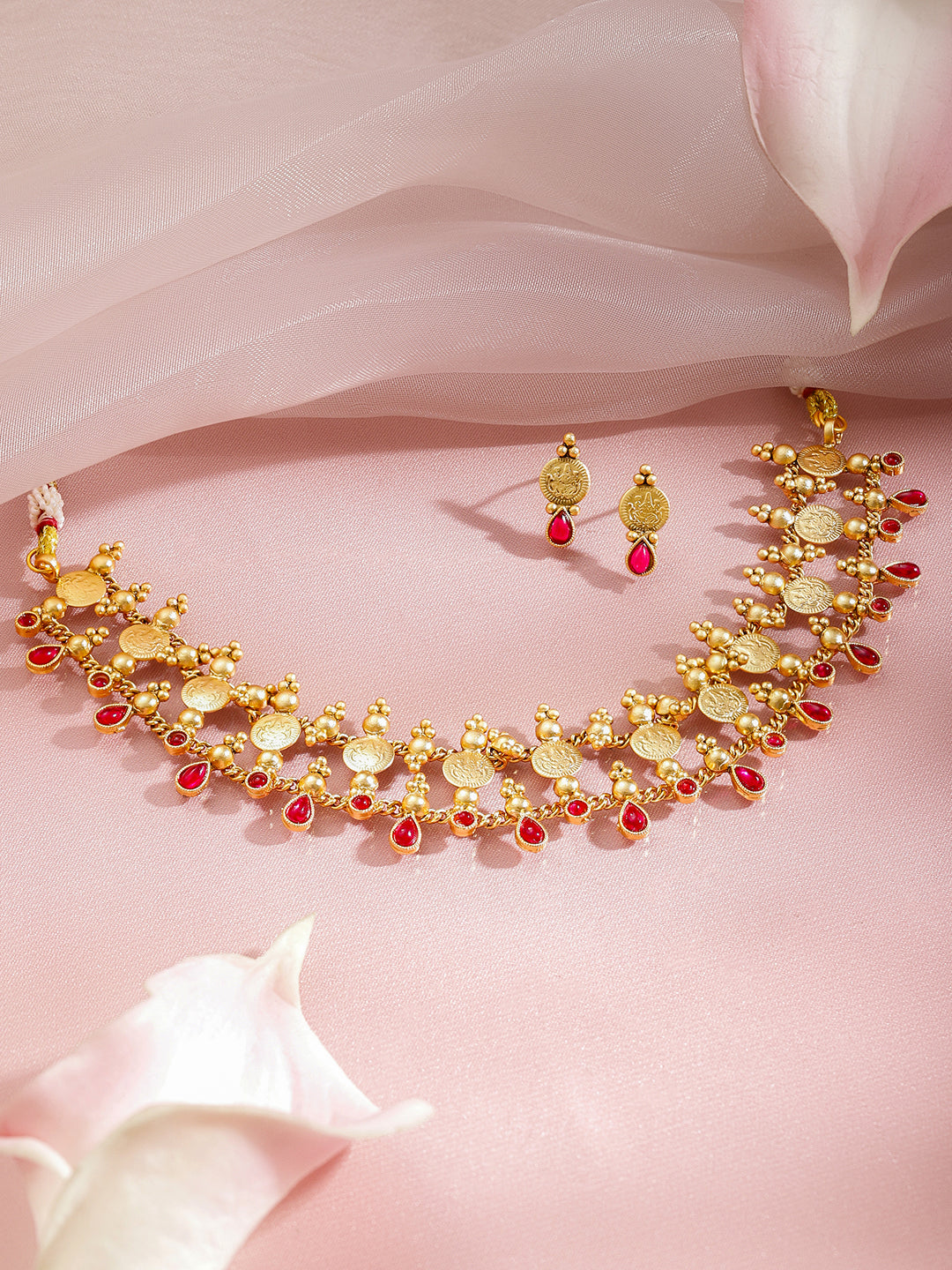Laxmi Motif Gold Toned Ruby Necklace Set フリーサイズ