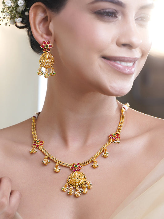 Pink Studded Floral Gold Temple Necklace Set フリーサイズ