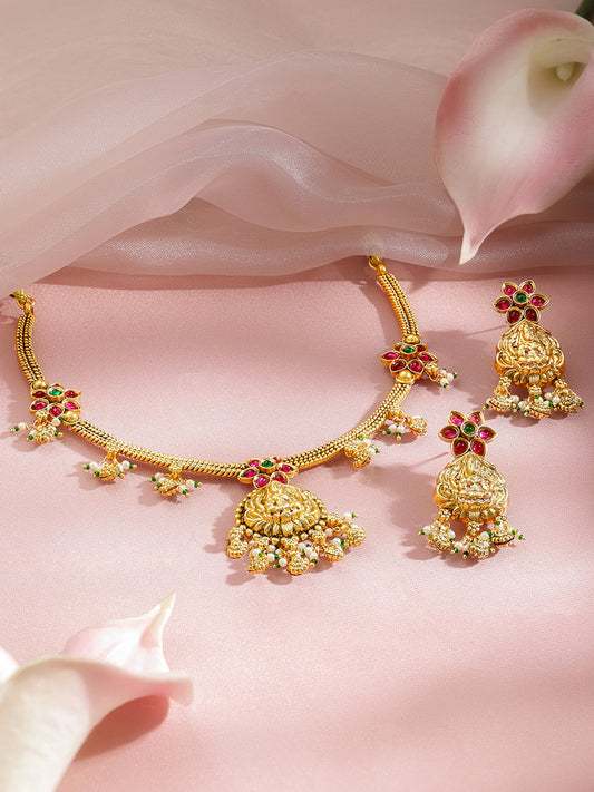Pink Studded Floral Gold Temple Necklace Set フリーサイズ