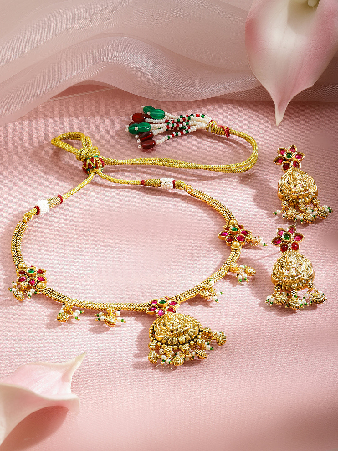 Pink Studded Floral Gold Temple Necklace Set フリーサイズ