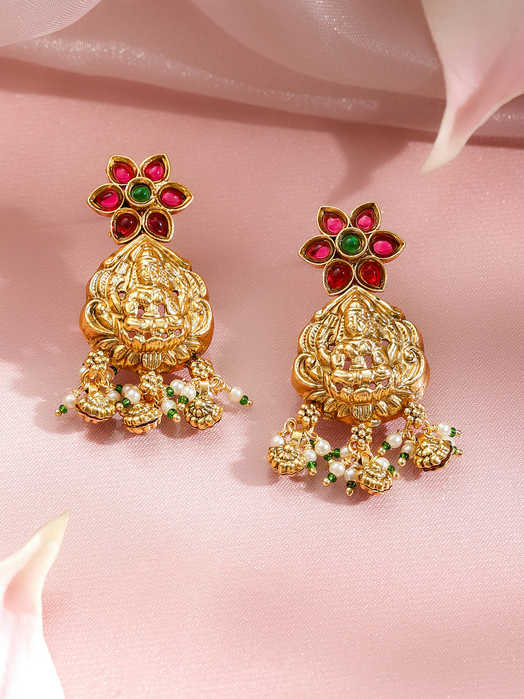 Pink Studded Floral Gold Temple Necklace Set フリーサイズ