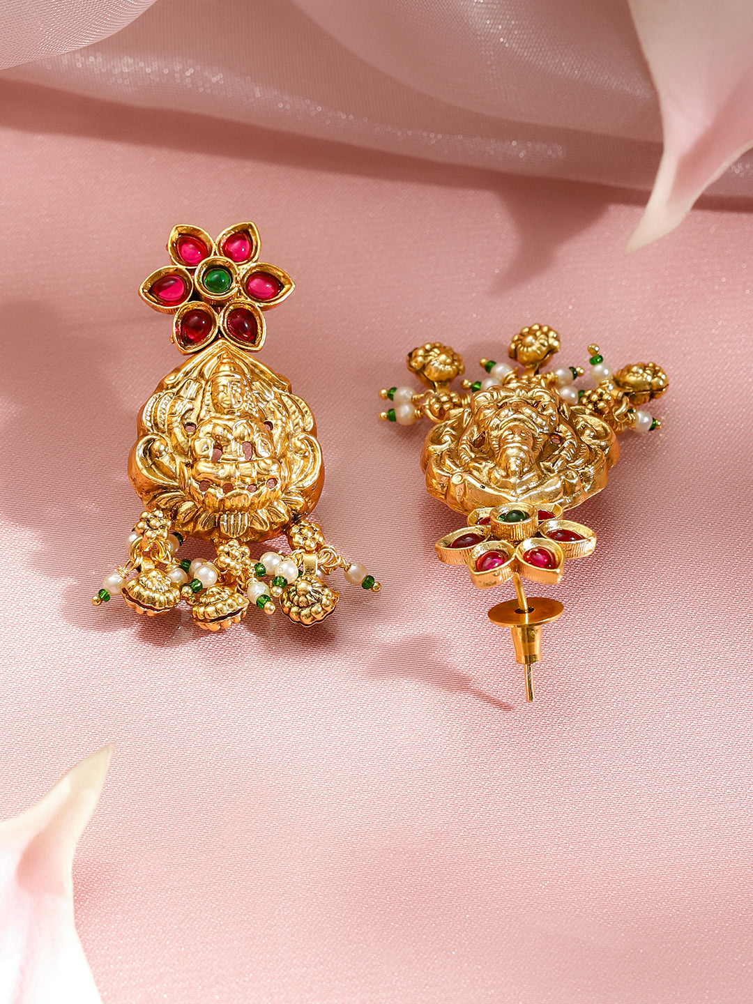 Pink Studded Floral Gold Temple Necklace Set フリーサイズ
