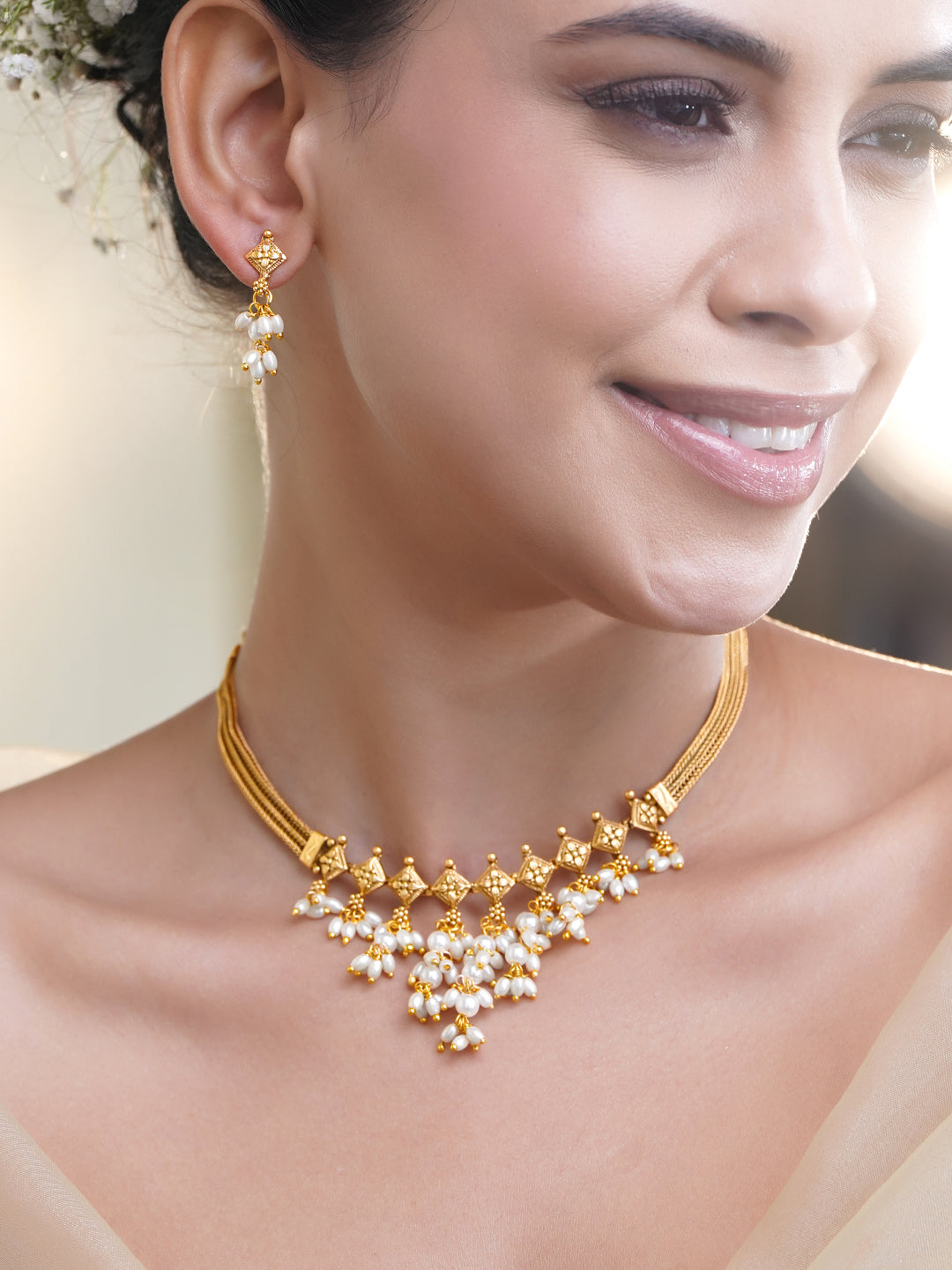 Floral Motif Pearl Drop Gold Necklace Set フリーサイズ