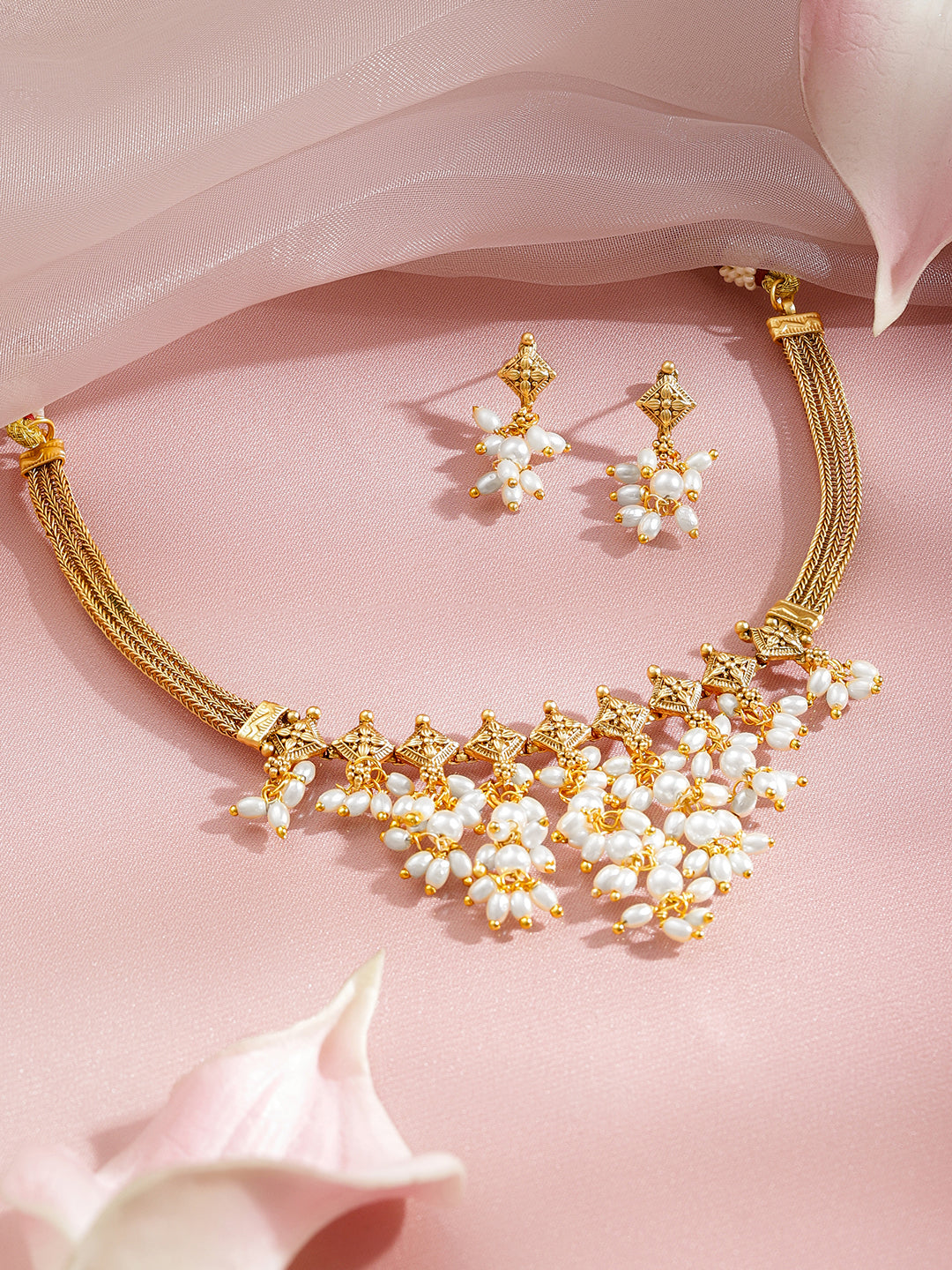 Floral Motif Pearl Drop Gold Necklace Set フリーサイズ