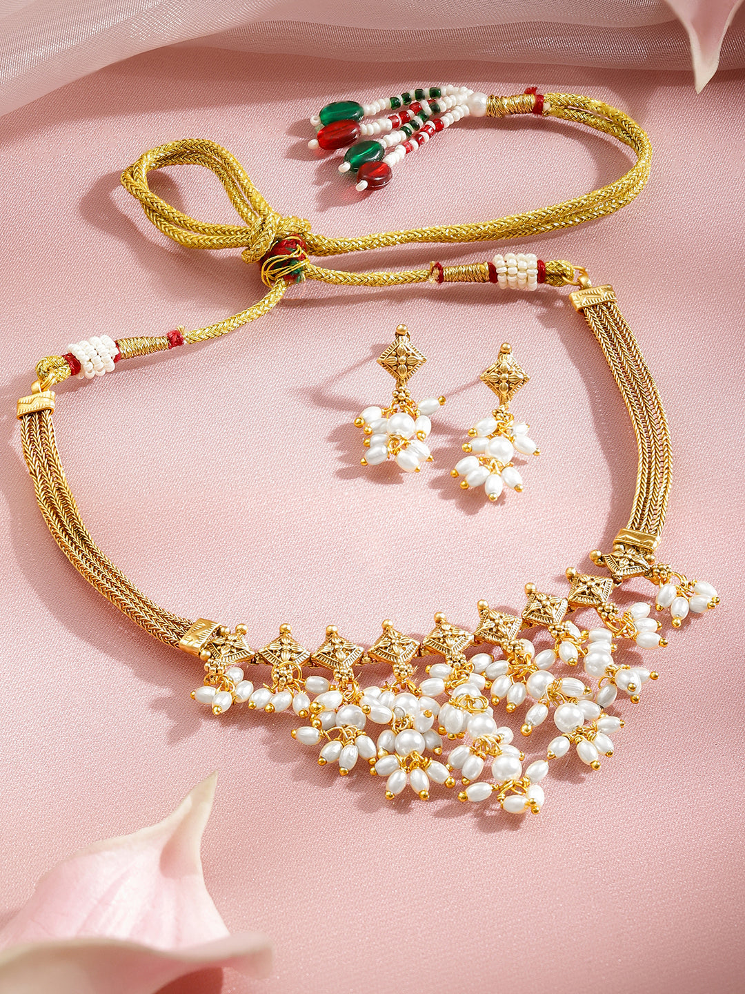 Floral Motif Pearl Drop Gold Necklace Set フリーサイズ