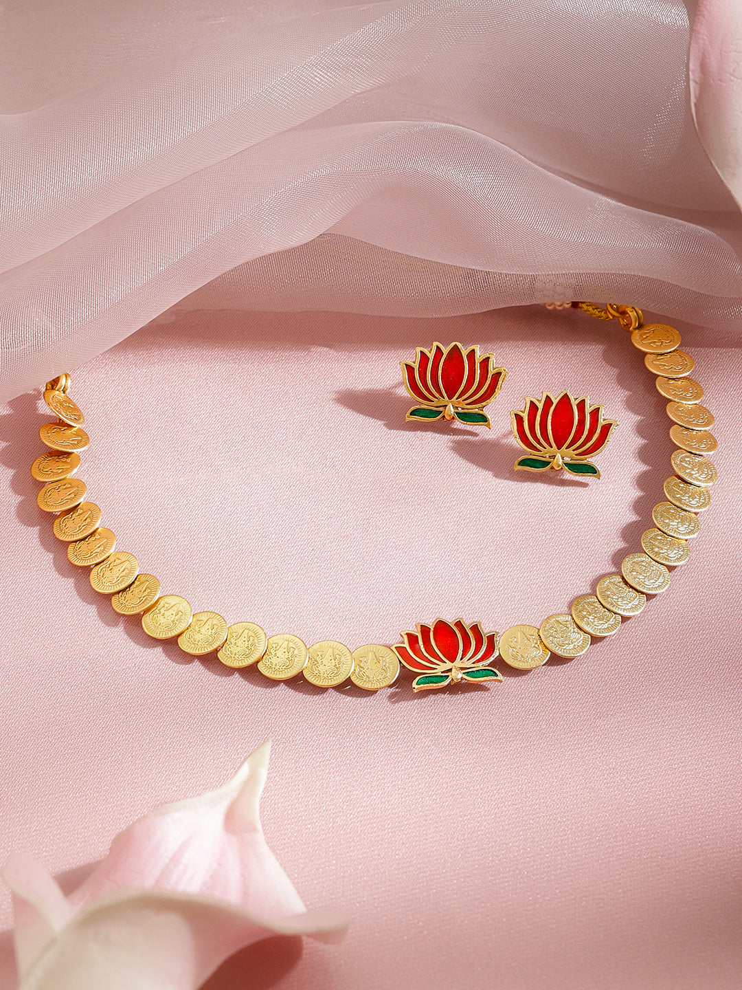 Lotus Motif Coin Pattern Temple Necklace Set フリーサイズ