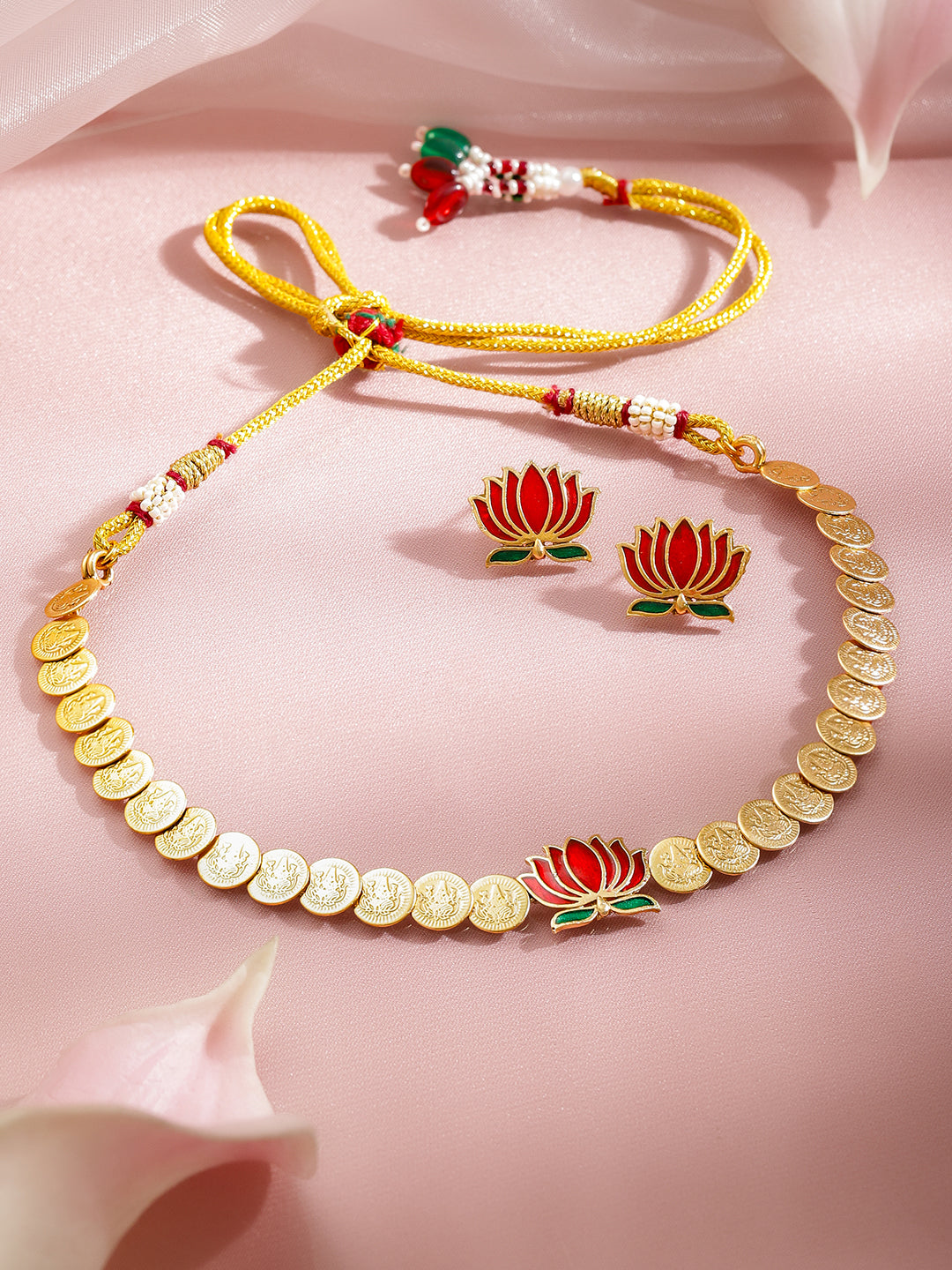 Lotus Motif Coin Pattern Temple Necklace Set フリーサイズ