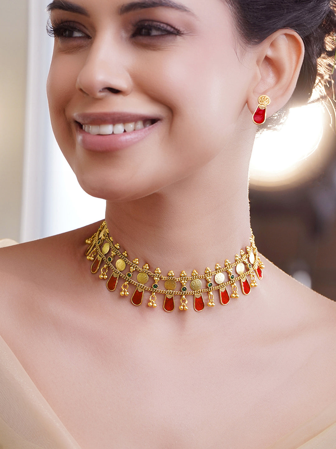 Ruby Studded Coin Pattern Temple Necklace Set フリーサイズ