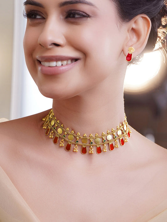 Ruby Studded Coin Pattern Temple Necklace Set フリーサイズ
