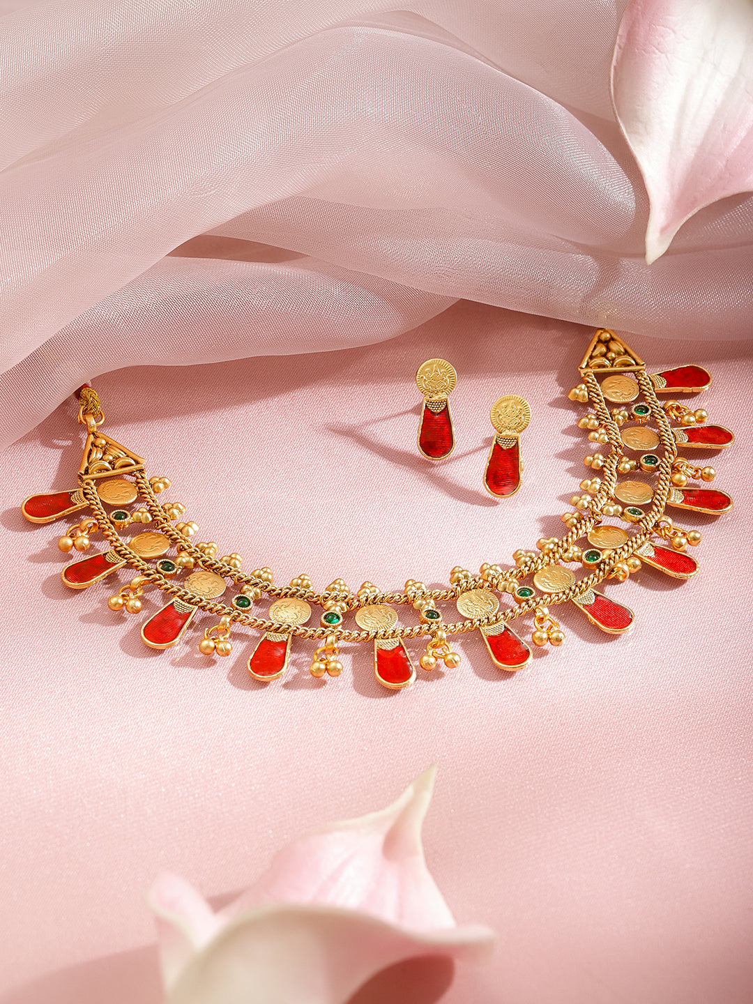 Ruby Studded Coin Pattern Temple Necklace Set フリーサイズ