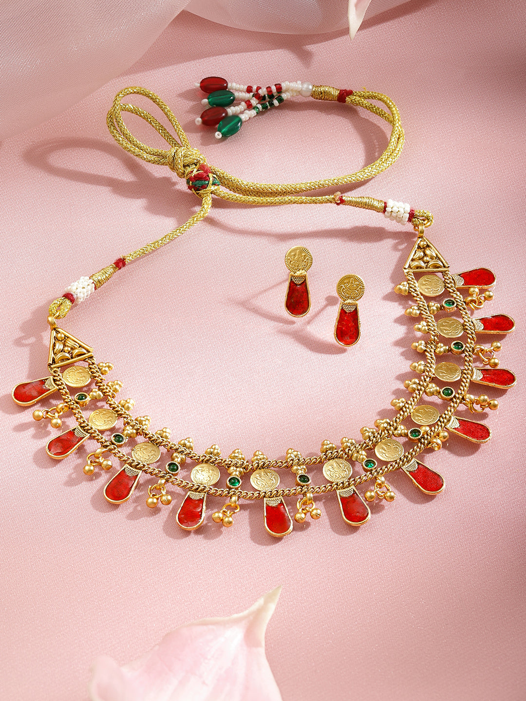 Ruby Studded Coin Pattern Temple Necklace Set フリーサイズ
