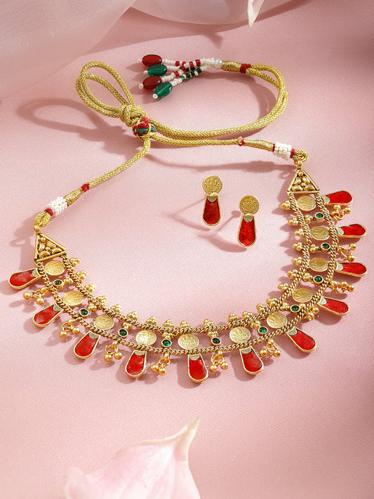 Ruby Studded Coin Pattern Temple Necklace Set フリーサイズ