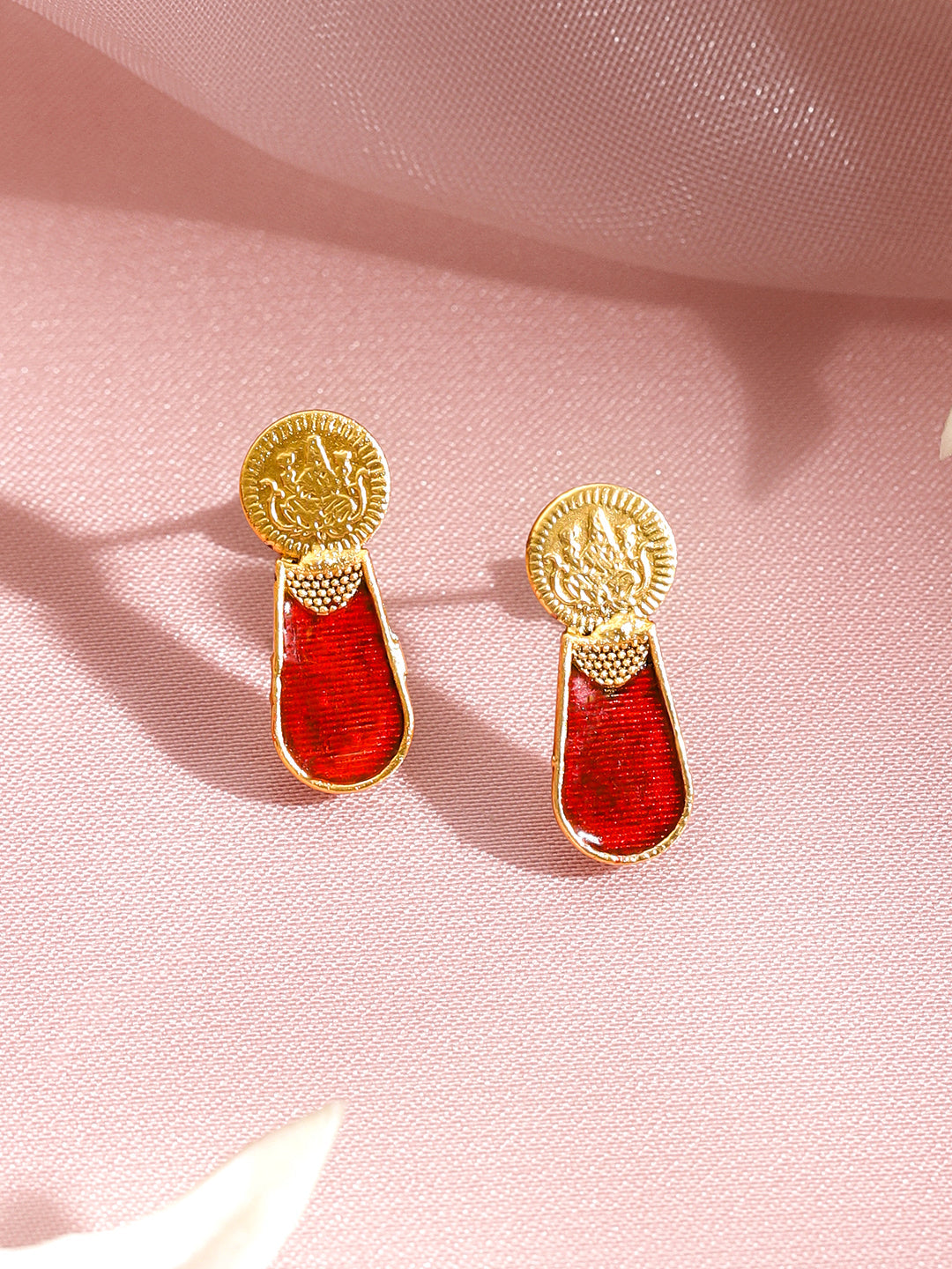Ruby Studded Coin Pattern Temple Necklace Set フリーサイズ