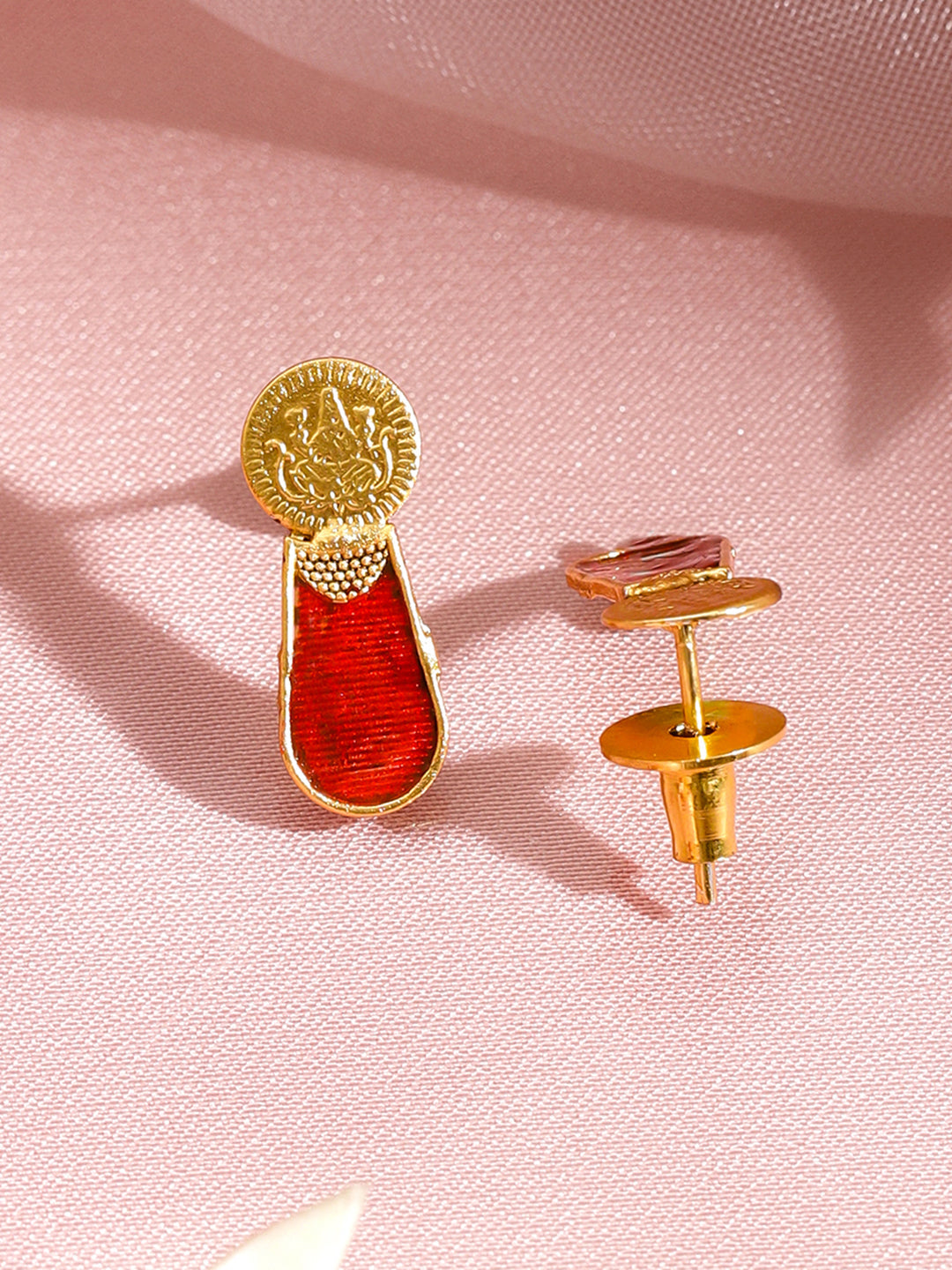 Ruby Studded Coin Pattern Temple Necklace Set フリーサイズ
