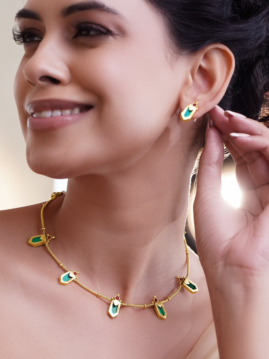 Minimal Greens-Pink Golden Necklace Set フリーサイズ