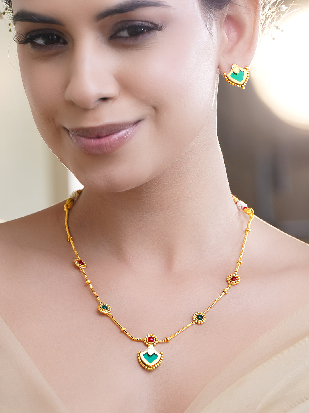 Shringar Glow Green Pink Necklace Set フリーサイズ